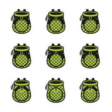 Nine identical green chalk bags with black accents, arranged in a 3x3 grid on a white background