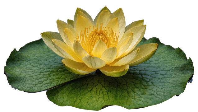 Vibrant yellow water lily flower with textured green leaves, isolated on transparent background