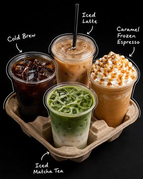 Assortment of cold brew latte iced matcha and caramel espresso takeaway cups in holder