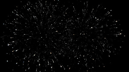 Fototapeta premium Glittering white and silver fireworks burst against black sky, luminous minimalist celebration