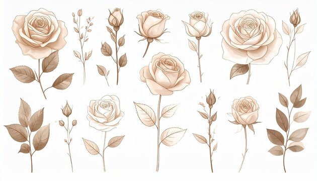 Elegant Botanical Rose Flower Vintage Line Art Illustration Set