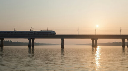Fototapeta premium High speed train crossing elevated bridge at serene sunrise with warm reflection