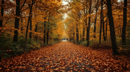 Naklejka premium Golden autumn leaves carpet peaceful forest road with warm light and soft mood