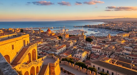 Fototapeta premium Panoramic view of Cagliari city skyline and harbor at sunset Sardinia Italy.