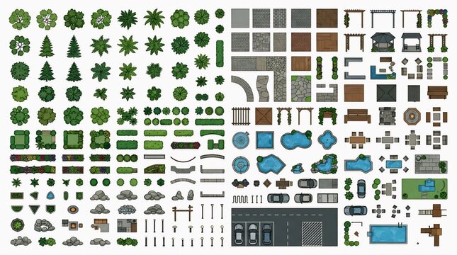 Landscape Design CAD Symbols Top View Garden Planning Vector Collection