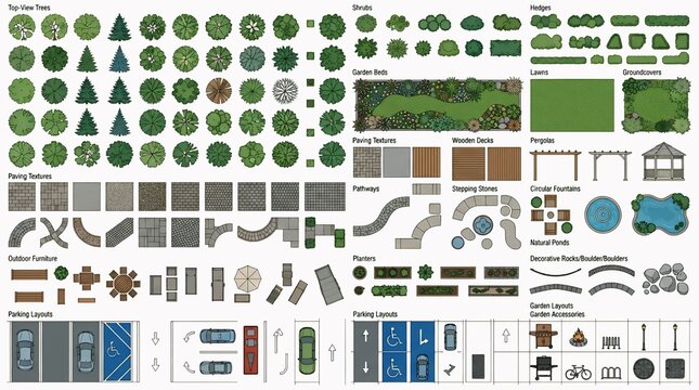 Landscape Design CAD Symbols Top View Garden Planning Vector Collection