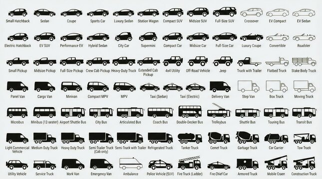 Vehicle Silhouette Icons Collection Cars Trucks Buses Vans CAD Vector Set