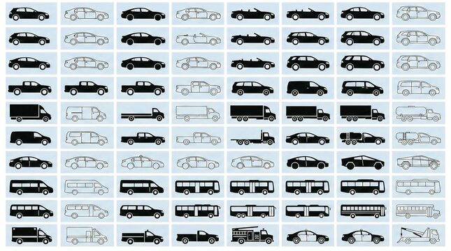 Vehicle Silhouette Icons Collection Cars Trucks Buses Vans CAD Vector Set