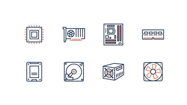 PC hardware and building icons &ndash; Suitable for computer assembly guides, hardware blogs, or custom build stores.