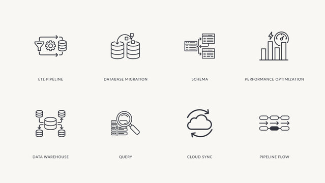 Data engineering and pipeline icons &ndash; Ideal for ETL workflow software, big data systems, or cloud architecture.