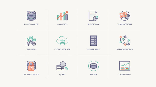 Enterprise database flat vector icons &ndash; Suitable for corporate business intelligence, ERP systems, or SQL databases.