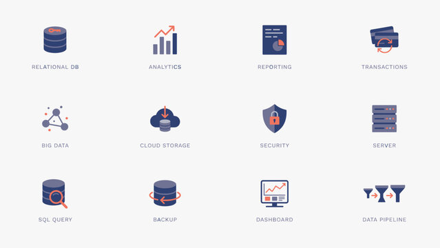Business relational database icons &ndash; Ideal for financial SaaS applications, data warehouse platforms, or tech marketing.
