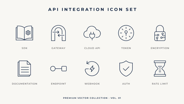API integration and gateway outline icons &ndash; Great for web application development, tech startups, or cloud architecture.
