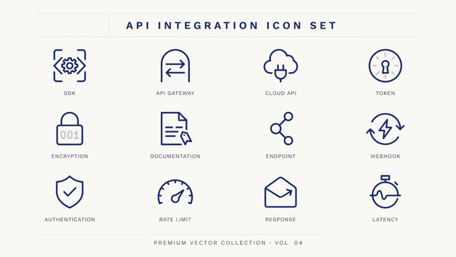 Software API integration outline icons &ndash; Suitable for SDK documentation, digital secure gateway sites, or coding tools.