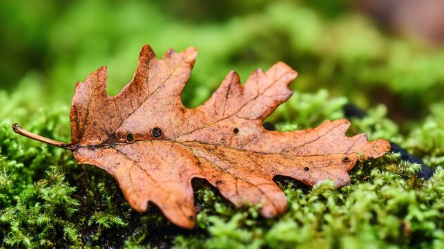 imperfections. A close-up of a single autumn leaf with imperfections on moss. representing seasonal cycles and harvest abundance, gardening catalogs, designed for home decor and floral branding.