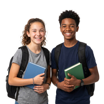Smiling diverse high school students with books and backpacks, ready for academic success and their educational future, Isolated on a Transparent Background PNG