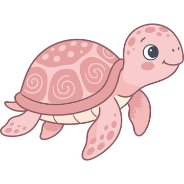 A cute pink turtle with swirls on its shell swims in the ocean.