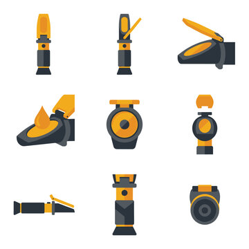 Collection of refractometer icons and illustrations, showing different angles and liquid droplet, yellow and gray color scheme, digital vector graphics