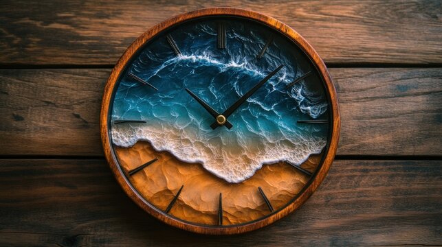 Resin clock with ocean & beach scene. Wooden frame