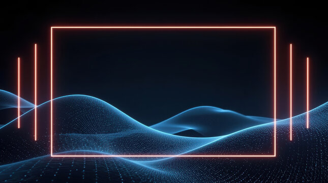 Neon rectangular frame over flowing blue digital waves, futuristic mood and minimal elegance
