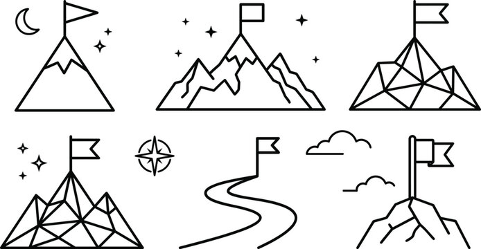 Mountain peak flag success target achievement goal mission vision leadership path linear black vector outline icons set collection