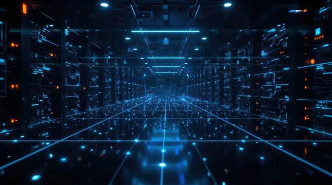 Futuristic server room with glowing blue grid and scattered light nodes conveying high tech