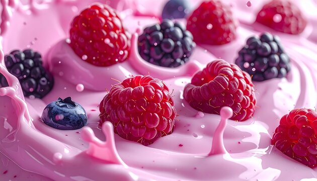 A vibrant closeup view of fresh summer berries falling into a creamy pink yogurt swirl creating beautiful dynamic liquid splashes and ripples.