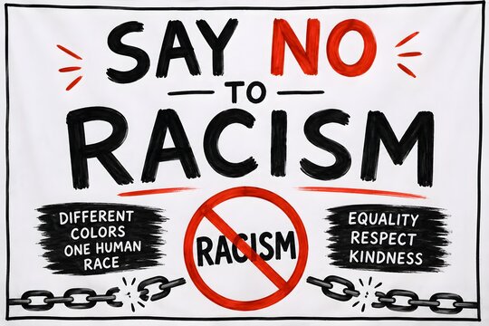 Hand drawn say no to racism poster with broken chains equality and kindness message for awareness campaign