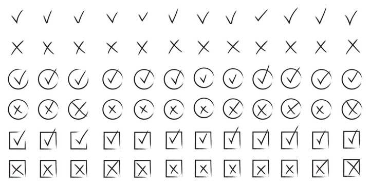 Doodle hand drawn chalk check mark set. sketch check boxes, tick and cross symbols. tick cross signs. Crayon grunge check mark elements. isolated on white background, vector illustration