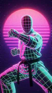 Karate lively martial arts fighter in neon synthwave wireframe style.