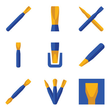 Set of flat design icons representing chisels and carving tools in blue and yellow, showcasing different angles and perspectives for construction and craft