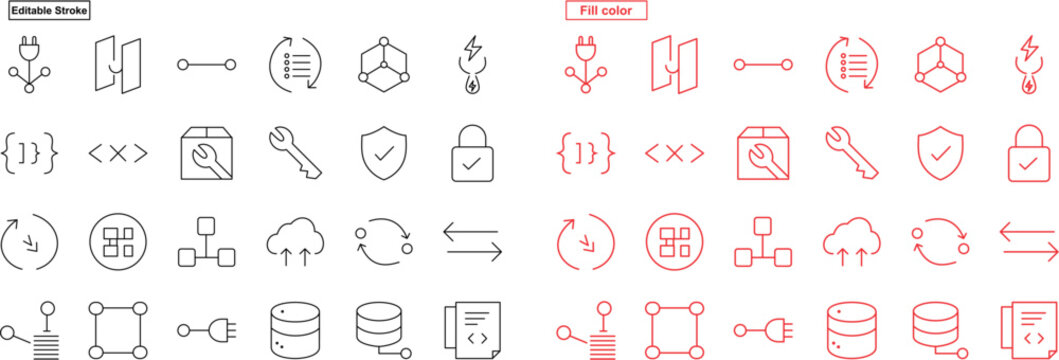 Professional API Integration and Cloud Development Outline Icon Set with Editable Stroke for Modern Software and Web Applications