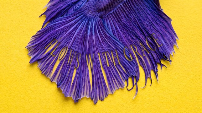Purple betta fish tail close up with flows with grace typography on bright yellow background