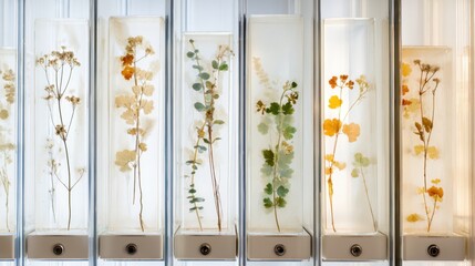 Fototapeta premium Pressed flower specimens in vertical clear display columns with warm light for botanical design, card and poster use