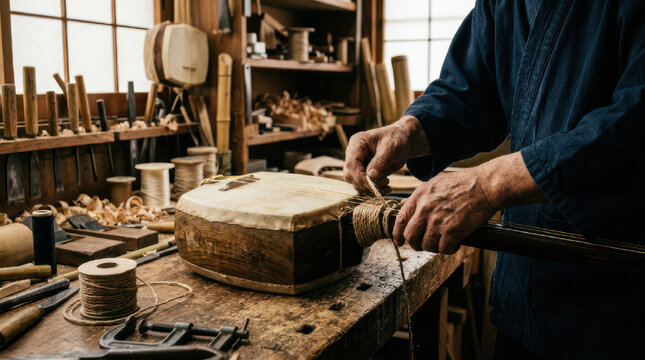 Craftsman working on a wooden instrument in a workshop 1.