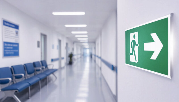 Empty hospital corridor with blue chairs in the waiting area and a green emergency exit sign on the wall