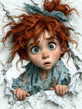 Cute Cartoon Girl with Red Hair Peeking Through a Torn Paper Wall