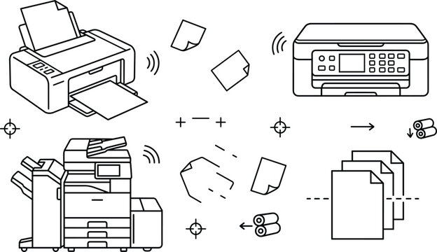 Office printer copier scanning machine wireless printing document paper workflow linear black vector outline icons set collection