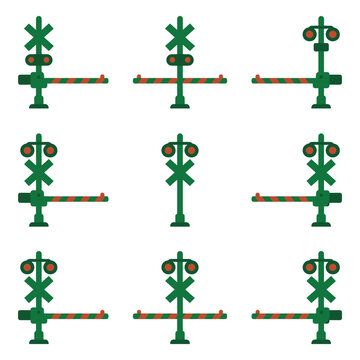 Set of pixel art railroad crossing signal icons, various orientations, green and orange striped barriers, warning lights, railway safety symbols