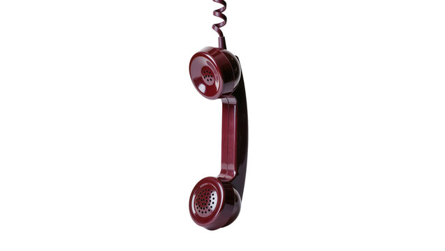 Vintage maroon telephone handset with coiled cord, isolated on transparent background