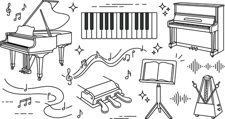 Piano line art vector collection featuring grand piano keyboard upright piano music notes stand pedals metronome doodle elements. © S O H A G