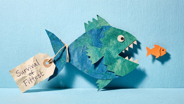 Survival of the fittest business competition concept representing market rivalry predatory strategy and competitive advantage between large and small companies