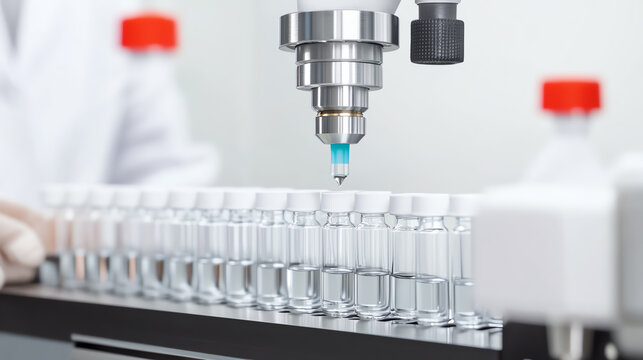 Close-up of laboratory equipment analyzing vials filled with liquid, showcasing precision and technology in a scientific environment.