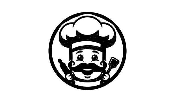 Happy Chef Toque with Mustache Cartoon Mascot Editable Bakery Logo Vector