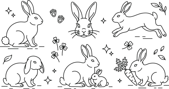 Rabbit and bunny line art vector collection featuring jumping sitting eating carrot clover paw print doodle elements.
