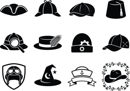 Black silhouette icon collection of diverse hat styles including detective deerstalker fez caps and military headgear.