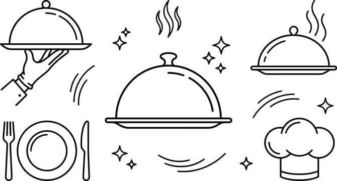 Restaurant food serving cloche line art vector illustration set with chef hat plate fork knife and waiter hand