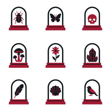 Collection of nine pixel art icons inside red and black glass domes, featuring insects, a skull, plants, crystals, a feather, and a bird, representing nature, science, and morbid curiosities