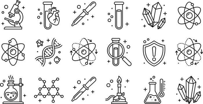 Science laboratory chemistry research medicine dna molecule crystal atom microscope linear black vector outline icons set collection concept