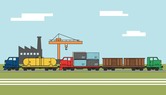 Long cargo freight train transporting fuel, containers, and bulk cargo, with a factory and a crane in the background.
